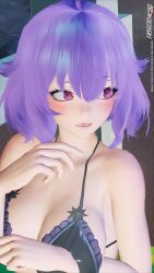 2023 azpso28ship barrel bath bikini blush breasts clipping drum_(container) hand_on_breast hand_on_chest hand_up idola_phantasy_star_saga in-game in-game_background looking_away looking_to_the_side nervous phantasy_star_online phantasy_star_online_2 phantasy_star_online_2_new_genesis pink_eyes popona purple_hair screenshot sega short_hair swimsuit virtual_youtuber