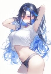 ai_generated arms_up ass_out belly_button big_breasts black_hair blue_hair blush clorinde_(genshin_impact) embarrassed embarrassed_female genshin_impact hoyoverse leaning_forward long_hair looking_at_viewer necklace panties purple_eyes setsuaiart setsumanga shirt short_shirt side_view slim_waist teenager three-quarter_view two_tone_hair underwear