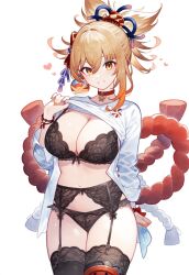 ai_generated belly_button big_breasts blonde_hair brown_eyes choker genshin_impact hair_ornament hoyoverse lingerie lingerie_only long_hair long_sleeves looking_at_viewer necklace open_shirt setsuaiart setsumanga shimenawa shirt_lift shirt_up slim_waist smiling_at_viewer stockings teenager thick_thighs thigh_highs thighhighs tied_hair underwear wide_hips yoimiya_(genshin_impact)