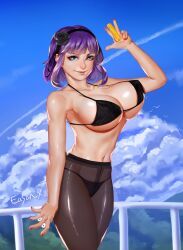 1girls big_breasts bikini bikini_top_only blue_eyes bow breasts busty candy cleavage dagashi_kashi easonx food hairband hairbow highres large_breasts legs looking_at_viewer medium_hair navel panties panties_under_pantyhose pantyhose purple_hair realistic seductive_smile sensual shidare_hotaru smile solo thighs thong toned underwear v