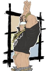 1boy absurdres arm_tattoo arms_up backwards_hat bara baseball_cap black_shirt blonde_hair bracelet chains clothes_pull commission cowboy_shot fishingmanmax flaccid from_side gold_chain hat highres jewelry kaichi_susuki long_sideburns male_focus male_only muscular pants pants_pull penis print_shirt profile sharp_teeth shirt short_hair sideburns smile solo solo_male subarashiki_kono_sekai tattoo teeth testicles