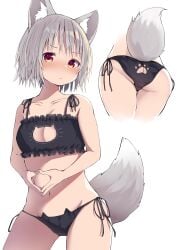 animal_ear_fluff animal_ears ass ass_cutout back-print_panties bare_shoulders black_bra blush bra breasts cat_cutout cat_ear_panties cat_lingerie cleavage cleavage_cutout close-up closed_mouth clothing_cutout collarbone contrapposto female fingers_together frilled_bra frills from_behind highres inubashiri_momiji legs_apart legs_together looking_at_viewer lower_body mamemochi medium_breasts meme_attire momiji_inubashiri multiple_views navel panties paw_cutout paw_panties print_panties red_eyes short_hair side-tie_panties silver_hair simple_background spaghetti_strap stomach tail tail_raised thigh_gap thighs touhou underwear underwear_only white_background wolf_ears wolf_girl wolf_tail