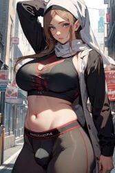 ai_generated bare_midriff brown_hair bulge bulge_through_clothing futa_only futanari head_scarf headscarf large_breasts long_hair looking_at_viewer original original_character outdoors partially_clothed pixai raised_arm solo solo_futa tight_clothing