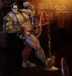 animasanimus balls bara beauty_and_the_beast boner disney erection flexing gaston harness human male male_only muscles muscular peeing penis solo solo_male sweat sweating urination urine