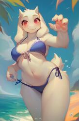 ai_generated aiposter anthro armpits beach belly belly_button bikini blush breasts deltarune from_below furry looking_at_viewer toriel undertale undertale_(series) white_fur