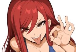 1girls ai_generated erza_scarlet facing_viewer fairy_tail fellatio_gesture female inviting_to_sex large_breasts looking_at_viewer mullon novelai open_mouth red_hair solo suggestive suggestive_gesture tongue