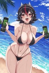 absurdres alternate_costume beach bikini black_bikini black_choker black_hair blue_sky blush brand_name_imitation breasts can choker cleavage cloud commentary cowboy_shot day drinking_straw dual_wielding female fisheye hair_between_eyes highres holding holding_can horizon horns hossy kijin_seija large_breasts long_bangs looking_at_viewer monster_energy multicolored_hair navel ocean open_mouth outdoors palm_tree red_hair sand seija_kijin short_hair sky small_horns smile solo streaked_hair sweat swimsuit tongue tongue_out touhou tree water white_hair white_horns