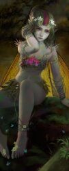 bare_legs barefoot belly_button bra d_mi24 elf_ears feet flowers flowers_in_hair looking_at_viewer nyrissa pathfinder pathfinder_kingmaker petite petite_female sitting slim_waist teenager underwear wide_hips wood_elf