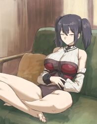 bare_shoulders barefoot big_breasts black_hair crossed_legs e_i_s_h_u_n_(artist) feet long_hair long_sleeves looking_at_viewer sitting tagme tagme_(character) teenager thick_thighs tied_hair uninterested