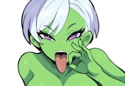 1girls ai_generated alien alien_girl cheelai dragon_ball dragon_ball_super facing_viewer fellatio_gesture female green_skin inviting_to_sex large_breasts looking_at_viewer mullon novelai open_mouth solo suggestive suggestive_gesture tongue white_hair