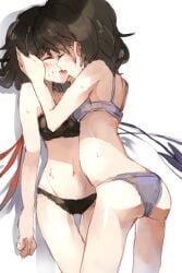 2girls ass asymmetrical_wings black_hair blush bra closed_eyes hand_on_another's_face hisona_(suaritesumi) houjuu_nue kissing midriff minamitsu_murasa multiple_girls murasa_minamitsu navel nue_houjuu panties short_hair simple_background sketch slime sweat t tongue tongue_out touhou underwear underwear_only white_background wings yuri