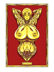 arms_behind_head ball_gag belly_button big_breasts breasts emotionless empty_eyes fate/grand_order fate_(series) gold_(metal) gold_statue green_eyes huge_breasts ierou_yellow immobile immobilized long_hair metal_body metal_breasts metal_hair metal_skin metallic_body minamoto_no_raikou_(fate) minamoto_no_raikou_(fate/grand_order) naked naked_female name_plaque name_tag navel neck_brace nipple_rings nude nude_female open_mouth petrification restrained restrained_to_wall shiny_skin statue trophy variant variant_set wall