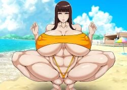 1girls beach big_breasts breasts brown_hair busty curvaceous curvy curvy_body curvy_female curvy_figure female girls_und_panzer huge_breasts large_breasts milf mojihe mother nishizumi_shiho sling_bikini squatting thick_thighs thighs voluptuous