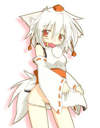 animal_ear bare_shoulders collar detached_sleeves hat momiji_inubashiri no_pants panties panty_pull pussy pussy_juice short_hair silver_hair simple_background solo suzukishi tail tokin_hat touhou underwear wolf_ear wolf_tail