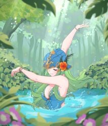 alluring alternate_costume arms_up bracelet breasts cleavage closed_eyes dancing female fire_emblem fire_emblem:_path_of_radiance fire_emblem:_radiant_dawn flower forest green_hair hair_bun hair_flower hair_ornament helmet jewelry leitz_acaroline medium_breasts nature nephenee_(fire_emblem) nintendo one-piece_swimsuit smile splashing sunlight swimsuit synchronized_swimming tree water