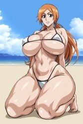 1girls bare_legs beach big_breasts bleach blue_sky cleavage female grey_eyes inoue_orihime milf ocean on_knees orange_hair underboob yxyyxy