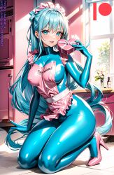 ai_generated bodysuit breasts female high_heels kuriboh_ex_(artist) latex latex_suit oppai rubber rubber_suit turquoise_eyes turquoise_hair