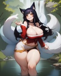 1girls ahri ai_generated animal_ears big_breasts breasts cleavage clothed clothing curvy default_ahri female female_only league_of_legends long_hair navel riot_games rocksolidart smile solo solo_female thick_thighs very_long_hair water wide_hips