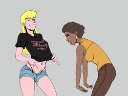 2girls belly_piercing blonde_hair blue_eyes blue_shorts brown_hair crabgrass donna_(crabgrass) earrings female female_only janine_(crabgrass) kyder short_shorts suggestive suggestive_clothes text thong