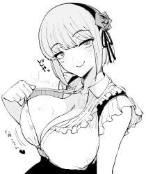 1girls big_breasts breasts busty cleavage clothes_pull confident dagashi_kashi female female_only hair_ornament hairband half-closed_eyes heart highres japanese_text large_breasts looking_at_viewer monochrome no_bra pulled_by_self seductive seductive_smile sensual shidare_hotaru short_hair sitting skirt smile solo suspenders sweat swimsuit teasing top_pull traditional_media translated unbuttoned unbuttoned_shirt white_background