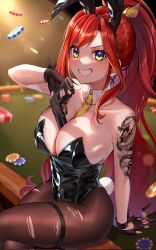 1girls blush bunny_costume bunny_ears bunny_girl bunnysuit cleavage elly_(vtuber) green_eyes gun indie_virtual_youtuber looking_at_viewer necktie pistol poker_chip red_hair smile smiling tattoo tattoo_on_arm tattooed_arm tattoos teeth virtual_youtuber weapon