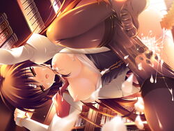 blush breasts censored cum cum_in_panties cum_inside cum_on_clothes cumdrip feet from_below game_cg highres kiss_to_lord_to_darjeeling kiss_x_lord_x_darjeeling kuyou_sarasa large_breasts library lingerie long_hair mikeou necktie pantyhose penis underwear