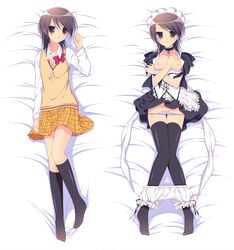 bloomer_pull bloomers bloomers_(victorian) bloomers_pull blush breasts brown_eyes brown_hair choker clothing dakimakura dress dress_lift dress_pull footwear kaichou_wa_maid-sama! kneehighs maid maid_headdress nipples panties panty_pull plaid pussy school_uniform skirt socks striped striped_panties sumii sweater_vest tartan thighhighs uncensored underwear