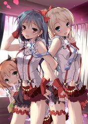 3girls ayase_eli blonde_hair blue_eyes blue_hair clothed clothing condom filled_condom garter green_eyes hair_ribbon hoshizora_rin love_live! love_live!_school_idol_project multiple_girls navel necktie orange_hair red_eyes sonoda_umi suspenders yagami_shuuichi