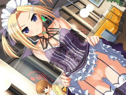 2girls :3 bare_shoulders blonde_hair blue_eyes bottomless breasts cleavage demon_wings dress dress_lift dutch_angle female female_only frills game_cg garter_belt garters hair_ornament hairclip horiuchi_sana looking_at_viewer maid_headdress multiple_girls murakami_suigun no_panties pia_carrot_(series) public purple_eyes pussy restaurant short_hair skirt skirt_lift smile solo_focus thighhighs uncensored waitress welcome_to_pia_carrot_g.o. wings