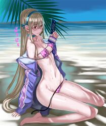 bikini blonde_hair blue_choker blue_hairband blush breasts cellphone choker closed_mouth day eyepatch_bikini female from_side glasses hairband highres holding holding_phone honjou_raita jacket long_hair mahou_shoujo_(raita) navel nipples off_shoulder outdoors perky_breasts phone pointy_breasts purple_bikini purple_jacket red_eyes sasaki_kotone sitting small_breasts smartphone smartphone_case smile solo sweat swimsuit tree_shade untied untied_bikini very_long_hair wariza