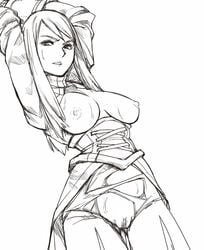 agrias_oaks arms_up breasts censored final_fantasy final_fantasy_tactics final_fantasy_tactics_(original) gus_(clarkii) long_hair monochrome nipples pussy sweat