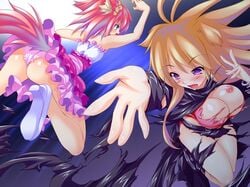 2girls action animal_ear blonde_hair female female_only fight fighting fox game_cg multiple_girls purple_hair