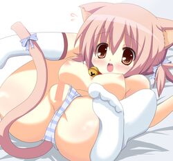 animal_ears bed bell breasts cat_ears censored choker huge_pussy kuronekogata lying panties panties_aside pink_hair pussy red_eyes striped striped_panties tail underwear