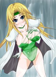 blonde_hair blue_eyes blush breasts cape celes_chere cleavage female female_only final_fantasy final_fantasy_vi headband human leotard long_hair myos navel nipples pointy_chin shoulder_pads solo