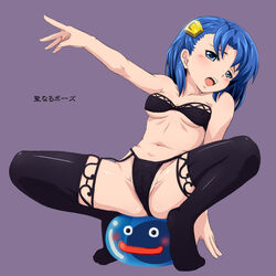 blue_eyes blue_hair blush bra breasts dragon_quest dragon_quest_v erect_clitoris erect_nipples feet flora's_daughter garter_straps hair_ornament hands legs lingerie mameshiba mameshiba_(artist) no_shoes open_mouth panties partially_visible_vulva short_hair slime slime_(dragon_quest) small_breasts spread_legs squatting stockings strapless strapless_bra thighhighs translated underwear