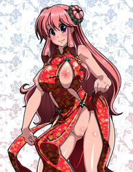 blush body_blush breasts bursting_breasts china_dress chinadress chinese_clothes cleft_of_venus clothing double_bun dress dress_lift female impossible_clothes impossible_clothing impossible_dress large_breasts long_hair looking_at_viewer nipples no_bra no_panties original pink_hair puffy_nipples purple_eyes pussy satsuki_imonet shiny side_slit smile solo taut_shirt uncensored