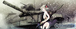 ass blood blue_eyes copyright_request dress elf funakura garter_belt garter_straps hair_ornament highres long_image military military_vehicle no_panties pointy_ears pussy rocket_launcher silver_hair snow solo tank thighhighs uncensored vehicle weapon wide_image