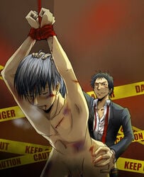 2boys anal bleeding blood blood_stain bondage bound bound_wrists bruise buggery clothed_on_nude color contusion forced_yaoi gay human incision injury male male_only multiple_males narukami_yu naughty_face persona persona_4 rape seta_souji sex tohru_adachi wound yaoi