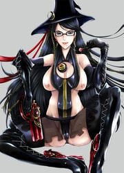 1girls bayonetta bayonetta_(character) beauty_mark black_hair blue_eyes boots breasts cameltoe chains cleavage cleavage_cutout earrings elbow_gloves erect_nipples female glasses gloves gun hat jewelry lollipop long_hair microskirt mole nipples red_ribbon ribbon riria sega sitting skirt solo thighhighs very_long_hair weapon witch_hat