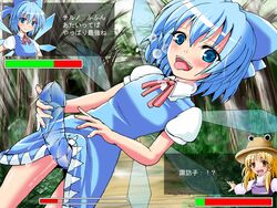 blonde_hair blue_eyes blue_hair cirno futanari hat ice_penis intersex short_hair suwako_moriya tongue_out touhou translation_request yellow_eyes