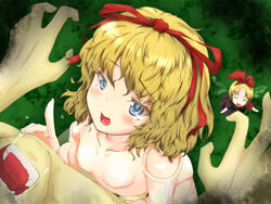 assertive blonde_hair blue_eyes breasts color colored_eyelashes desiccation doll doll_joints energy_drain eyelashes female femdom flat_chest from_above hair_ribbon highres looking_up male medicine_melancholy mikage_kirino nipples nude open_mouth rape reverse_rape ribbon saliva short_hair stealing_seed straight su-san succubus touhou uncensored