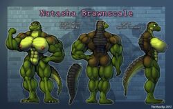 2012 abs ass back_view biceps big_breasts blue_eyes breasts crocodile female flexing front_view model_sheet muscles muscular muscular_female nipples nude pussy reference_image reference_sheet reptile scalie side_view smile solo thematelija_(artist)