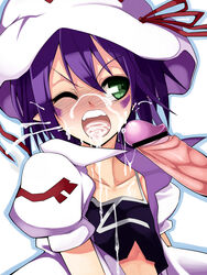 bukkake censored cum cum_in_mouth facial facial_mark green_eyes hat highres irodori_(irotoridori) merry_nightmare penis pointy_ears purple_hair yumekui_merry