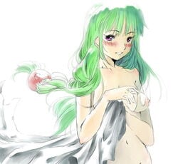 blush breasts cute female filia_felice glasses green_hair long_hair navel philia_felice purple_eyes tales_of_(series) tales_of_destiny