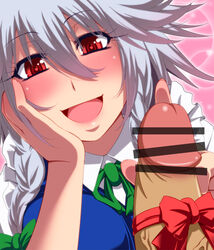 boop bow censored cfnm clothed_female_nude_male female femdom gray_hair hayashi_custom orgasm_denial penis penis_ribbon red_eyes ribbon sakuya_izayoi silver_hair smile straight symbol-shaped_pupils teaser teasing tied_penis touhou urethral_rubbing urethral_teasing