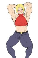 1boy androgynous arms_behind_head blonde blonde_hair blue_mary blushing bulge erect fatal_fury flat_colors genderswap genderswap_(ftm) hands_behind_head huge_cock jeans king_of_fighters looking_at_viewer male muscular muscular_male navel penis penis_outline rule_63 sleeveless_turtleneck snk white_background wrong_(artist)