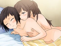 2girls bed bedroom blush breasts character_request female liar-soft lying multiple_girls nude okujou_no_yurirei-san on_side sheets yuri