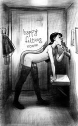 2boys black_hair closed_eyes crossdressing ear_piercing fellatio femboy feminine_male fitting_room glory_hole greyscale human licking_penis light-skinned_femboy light-skinned_futanari light_skin male male_only monochrome nude_male oral penis stadozebr stockings tongue yaoi