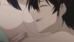 1boy animated bed black_hair breast_pillow breasts closed_eyes happy hikari_(sekirei) kaoru_seo large_breasts male medium_breasts nude open_mouth screencap sekirei