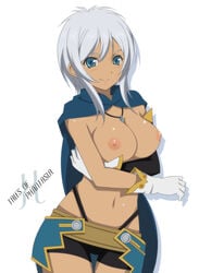 blue_eyes breasts cape dark_skin elbow_gloves female gloves grey_hair highres hou_(hachiyou) navel necklace ring rondorine_e._effenberg smile tales_of_(series) tales_of_phantasia tales_of_phantasia:_narikiri_dungeon_x